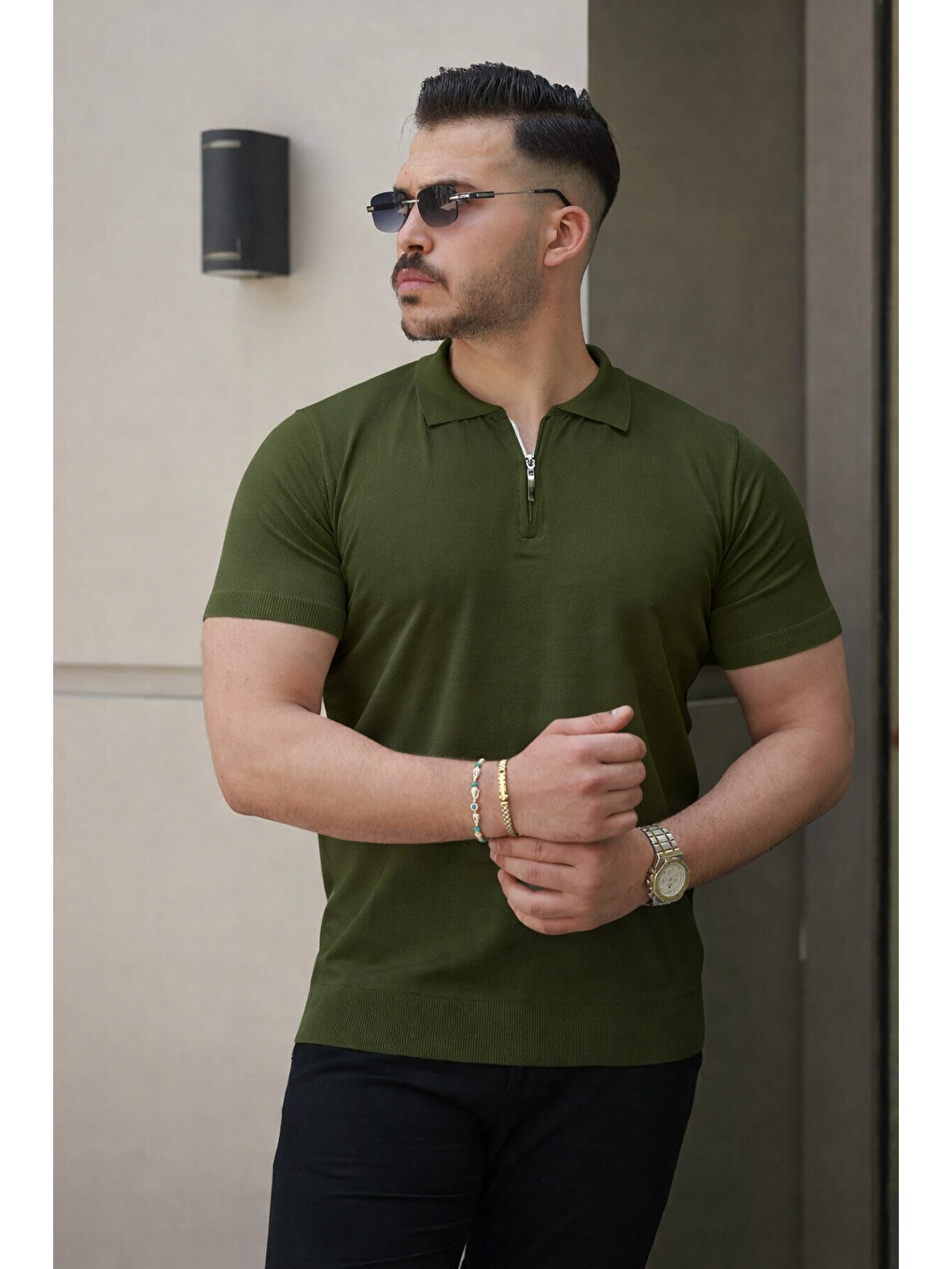 Haki Erkek Fermuarlı Polo Yaka Slim Fit Triko Tişört-3