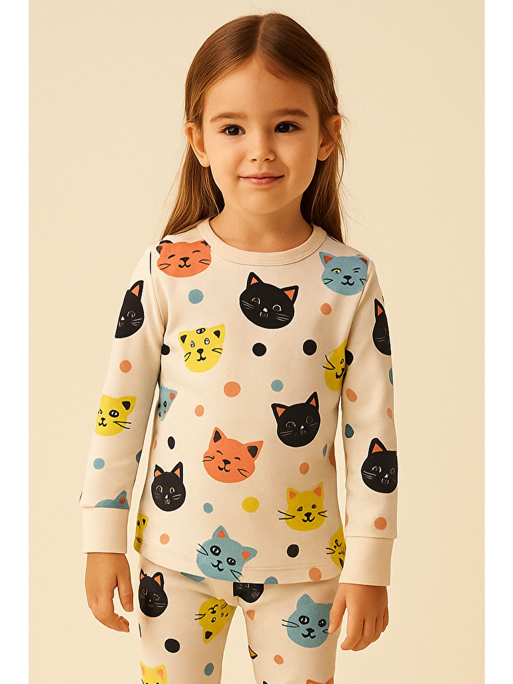 Kız Çocuk Kedi Desenli Pijama Takımı Açık Pembe-1