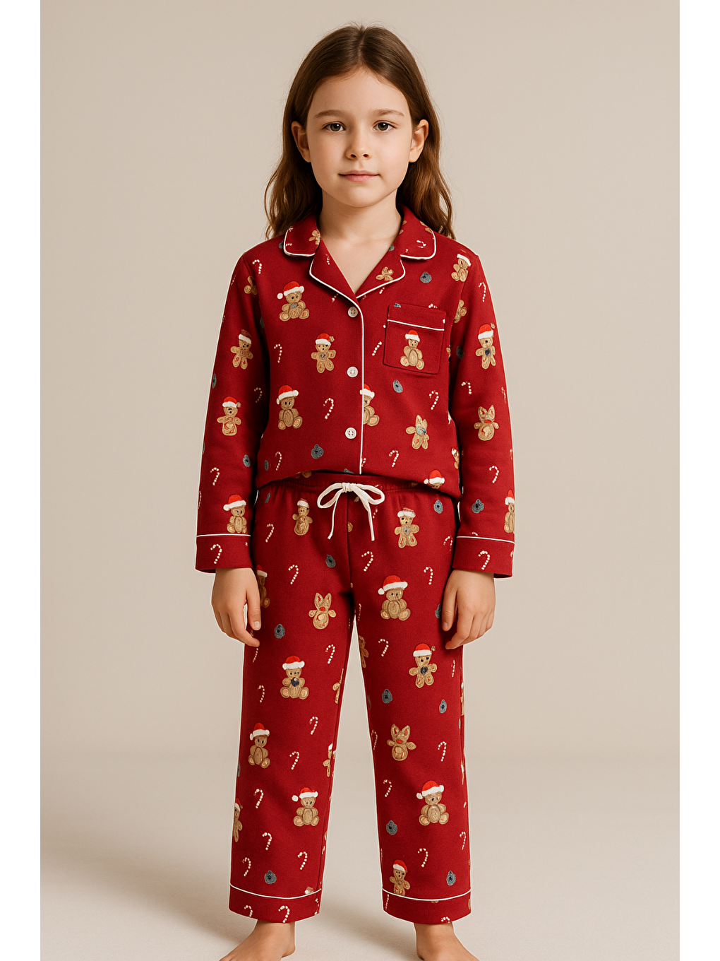 Kız Çocuk Teddy Desenli Yılbaşı Temalı Pijama Takımı Kırmızı