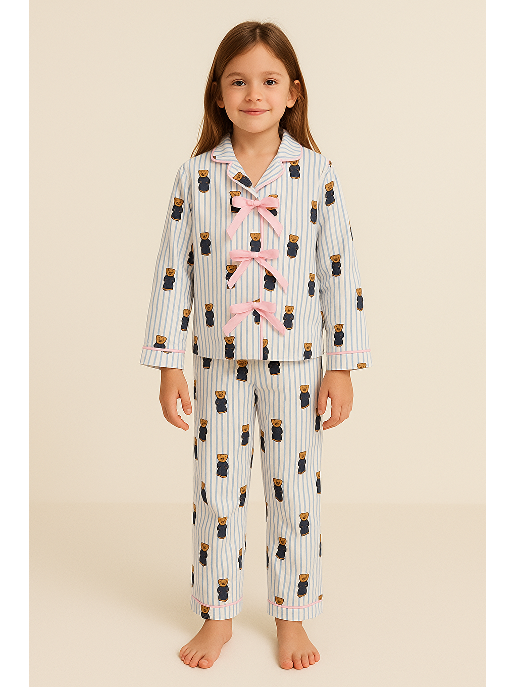 Kız Çocuk Teddy Desenli Cepli Pijama Takımı Mavi-1