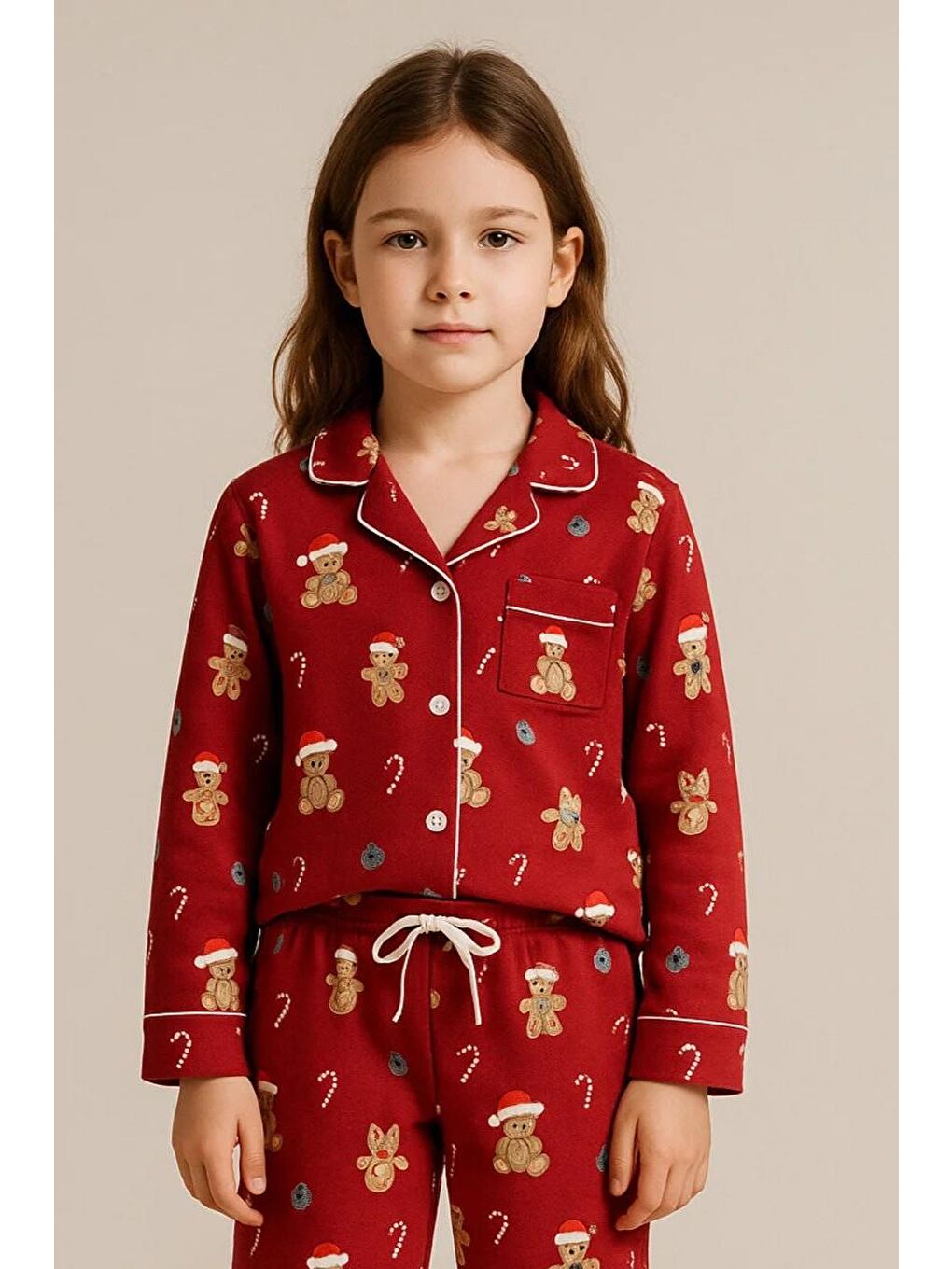 Kız Çocuk Teddy Desenli Yılbaşı Temalı Pijama Takımı Kırmızı-1