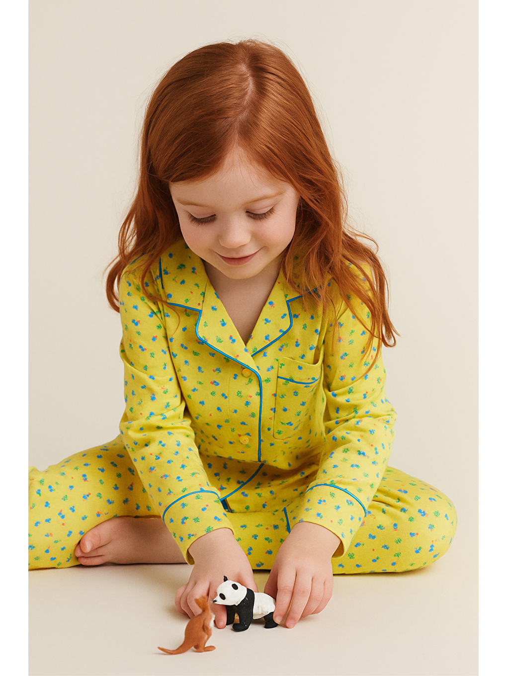 Sarı Kız Çocuk Çiçekli Pijama Takımı Hardal