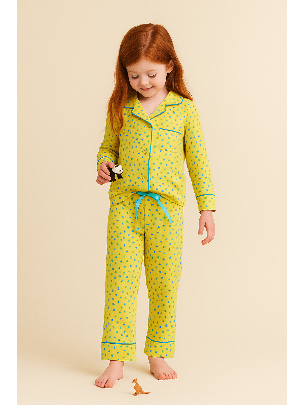 Sarı Kız Çocuk Çiçekli Pijama Takımı Hardal-1