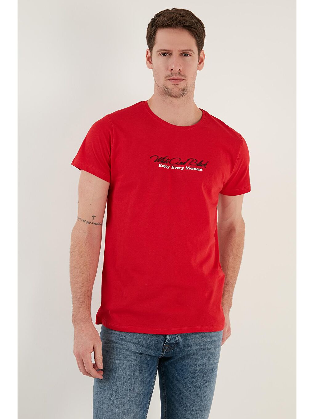Kırmızı Baskılı Bisiklet Yaka %100 Pamuk Slim Fit Erkek Tişört 541ENJOY-2