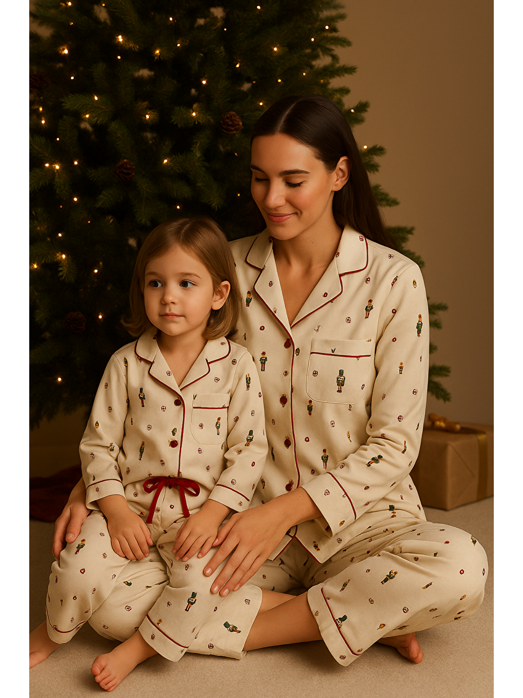 Kız Çocuk Yılbaşı Temalı Pijama Takımı Ekru-3