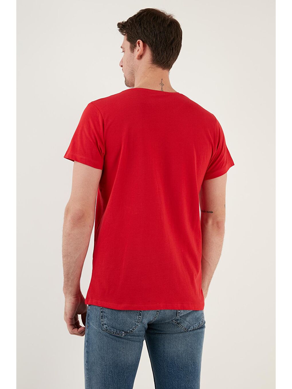 Kırmızı Baskılı Bisiklet Yaka %100 Pamuk Slim Fit Erkek Tişört 541ENJOY-4