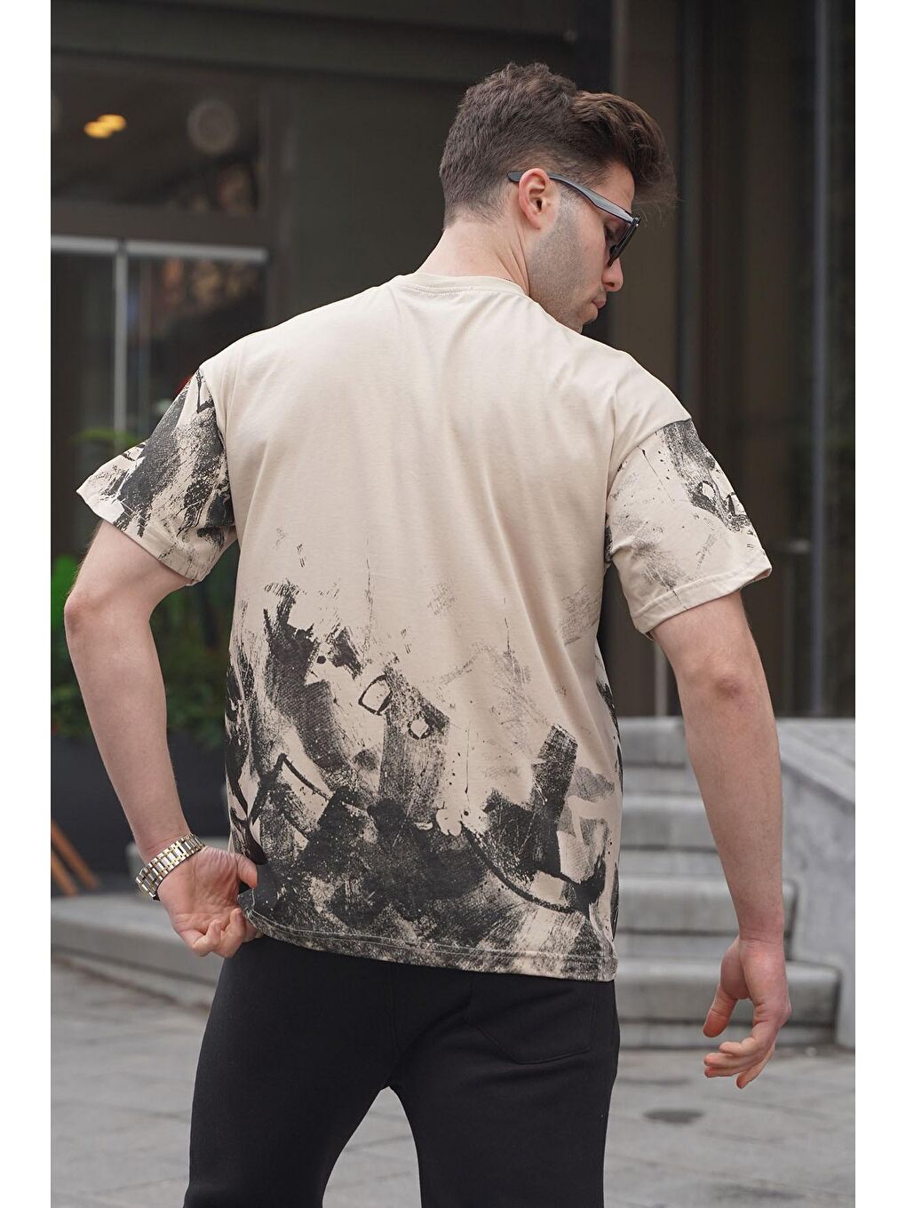 Bej Desenli Basic Tişört 6092-1