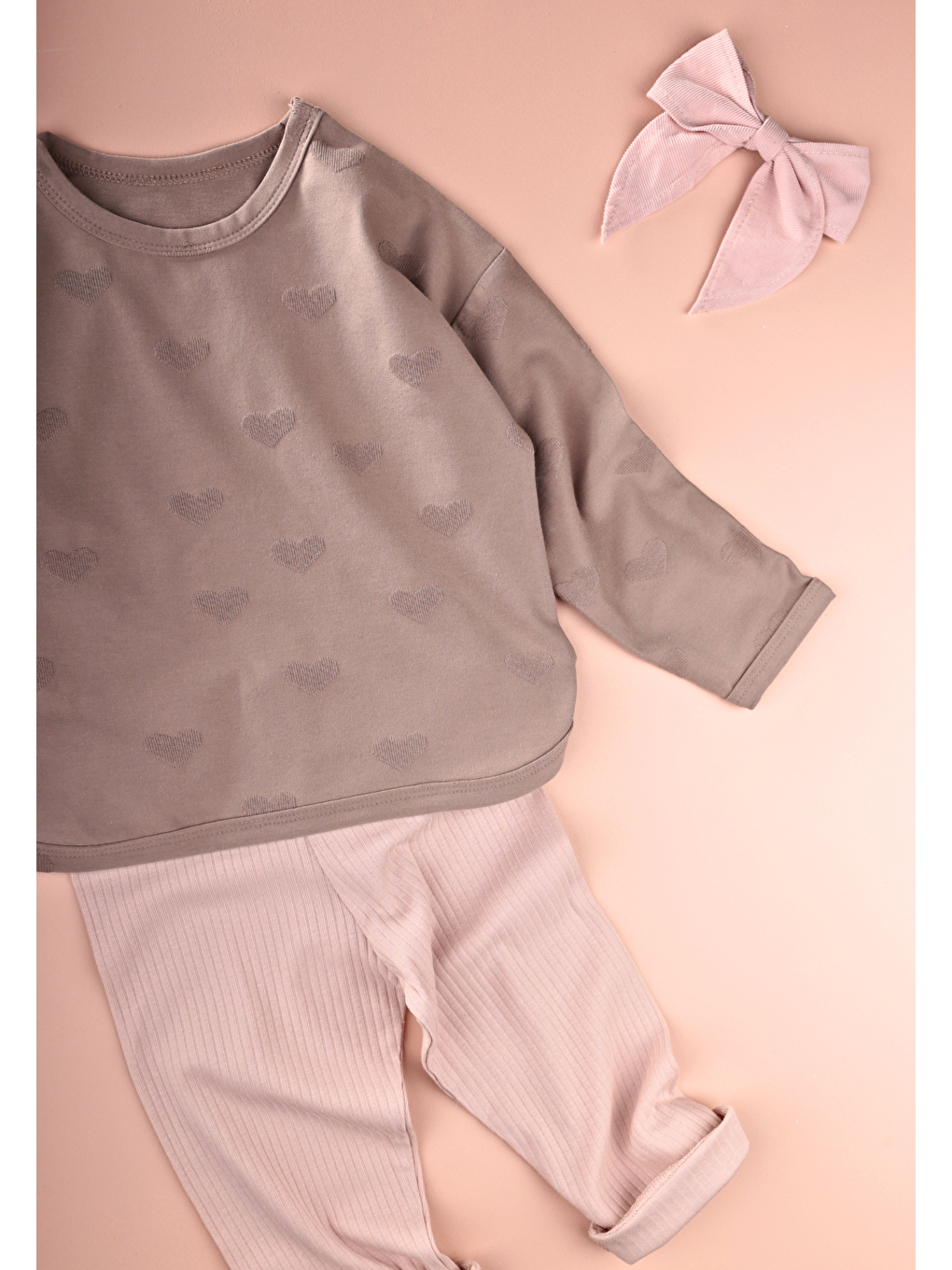 Bej Uzun Kollu T-Shırt Takım 1-7 Yaş Vizon-1