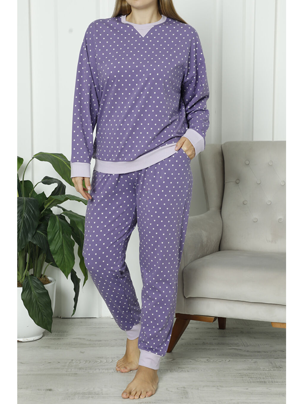 Lila Kadın Uzun Kollu Pijama Takımı Büyük Beden Elastanlı