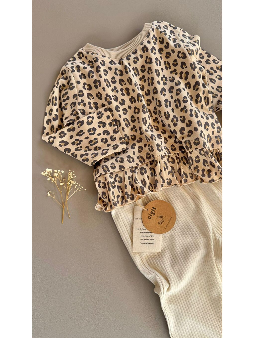 Desenli Uzun Kollu T-Shırt Takım 1-8 Yaş Bej