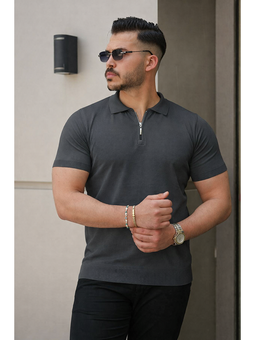 Gri Erkek Fermuarlı Polo Yaka Slim Fit Triko Tişört-1