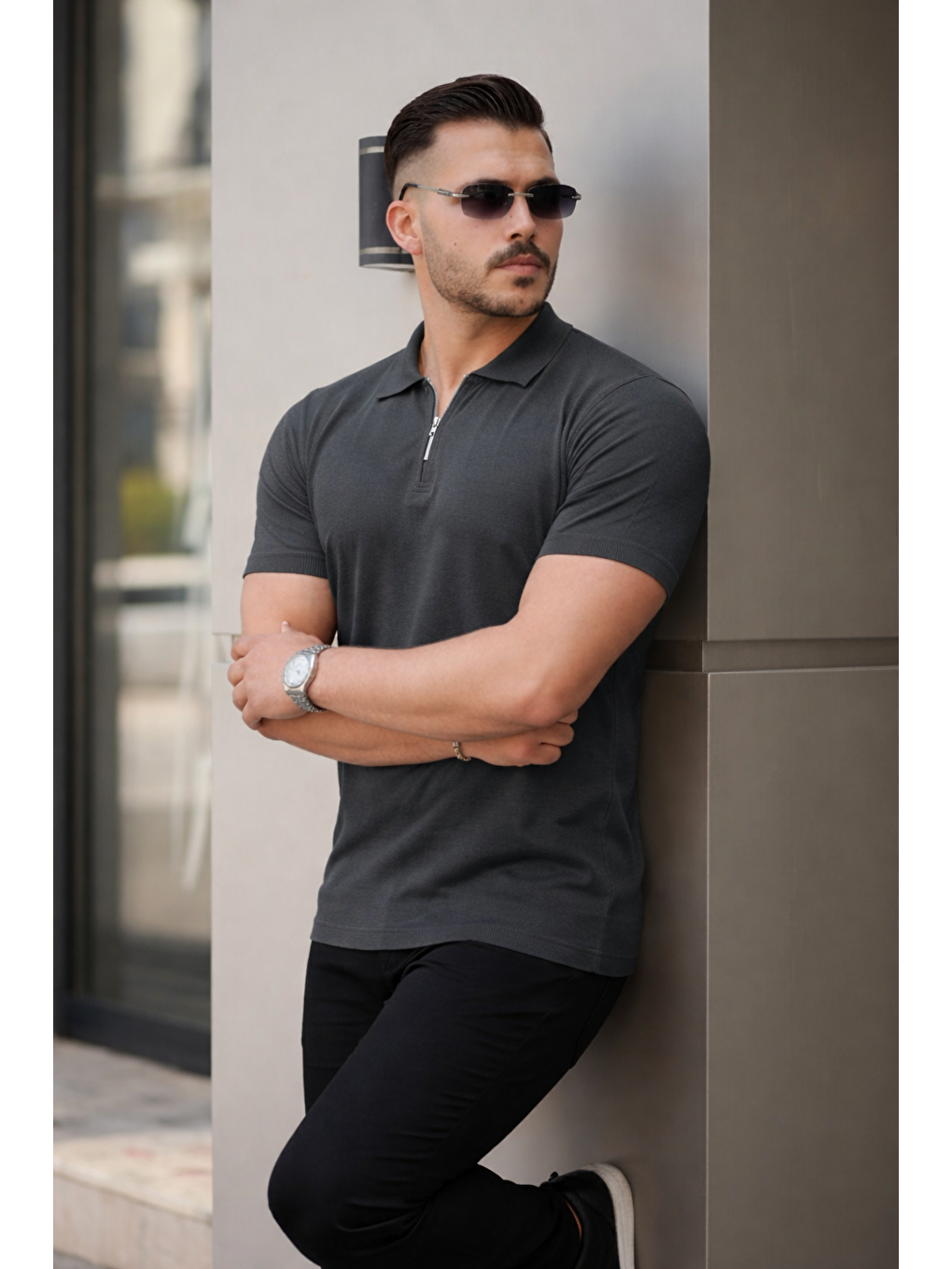 Gri Erkek Fermuarlı Polo Yaka Slim Fit Triko Tişört-2
