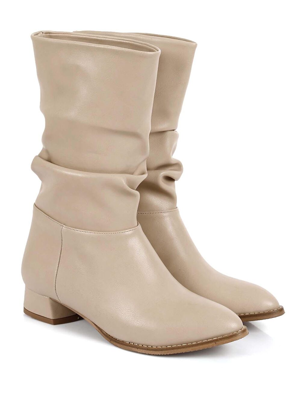 Bej Sivri Burun Kalın Topuklu Körüklü Kadın Günlük Kısa Çizme 37050-1