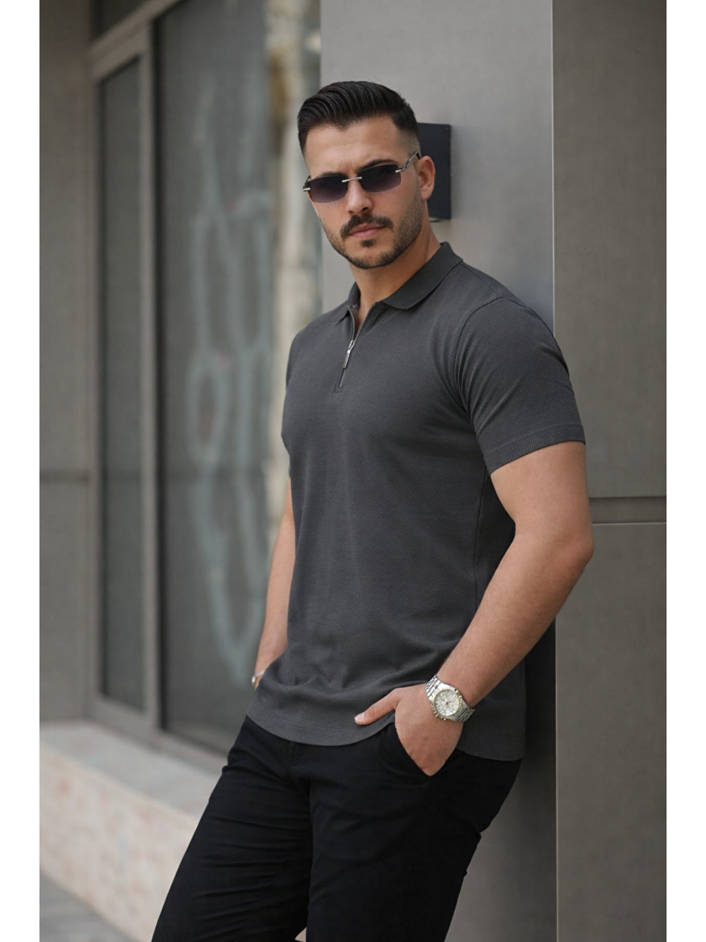 Gri Erkek Fermuarlı Polo Yaka Slim Fit Triko Tişört-3
