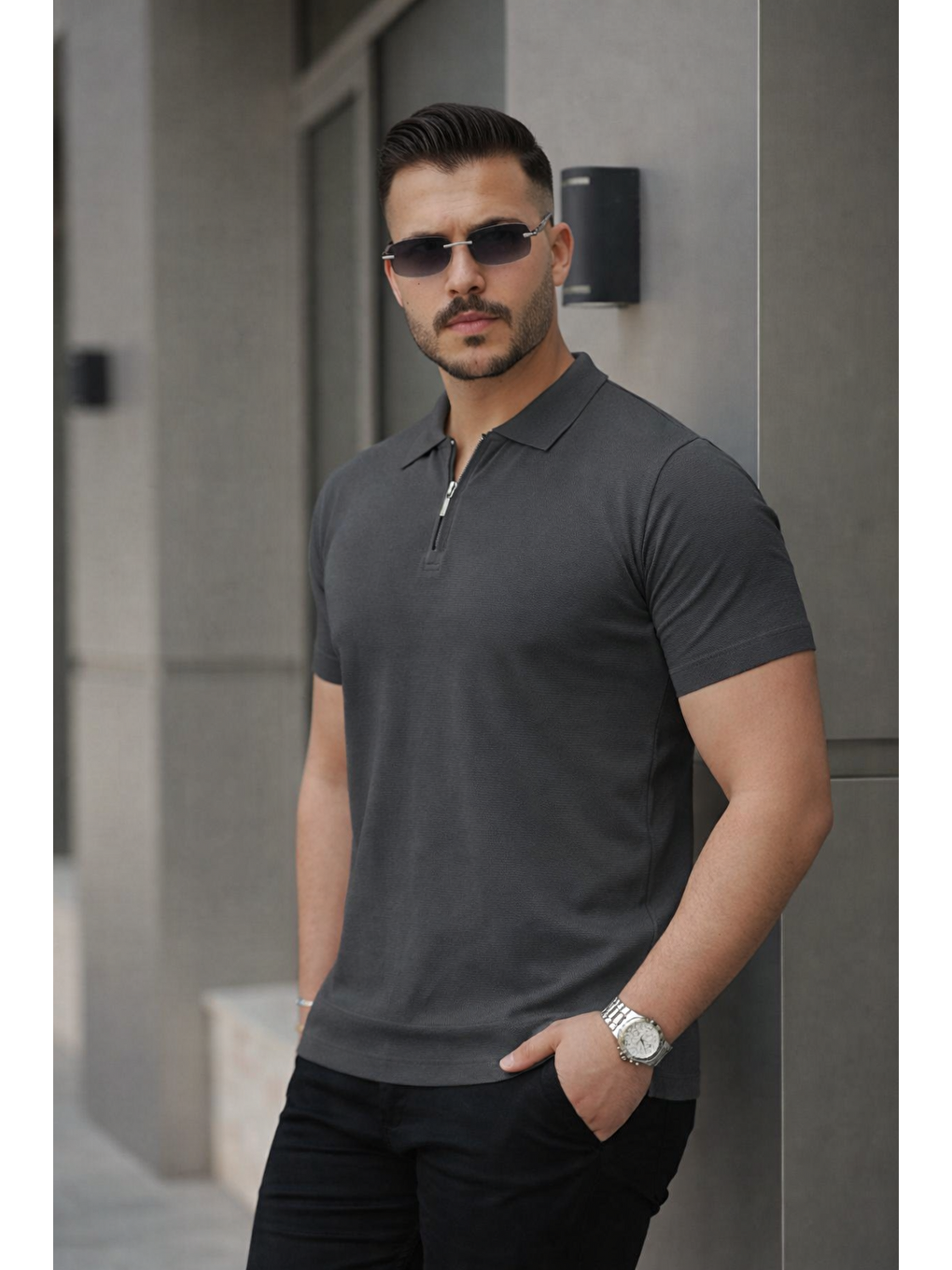 Gri Erkek Fermuarlı Polo Yaka Slim Fit Triko Tişört-4