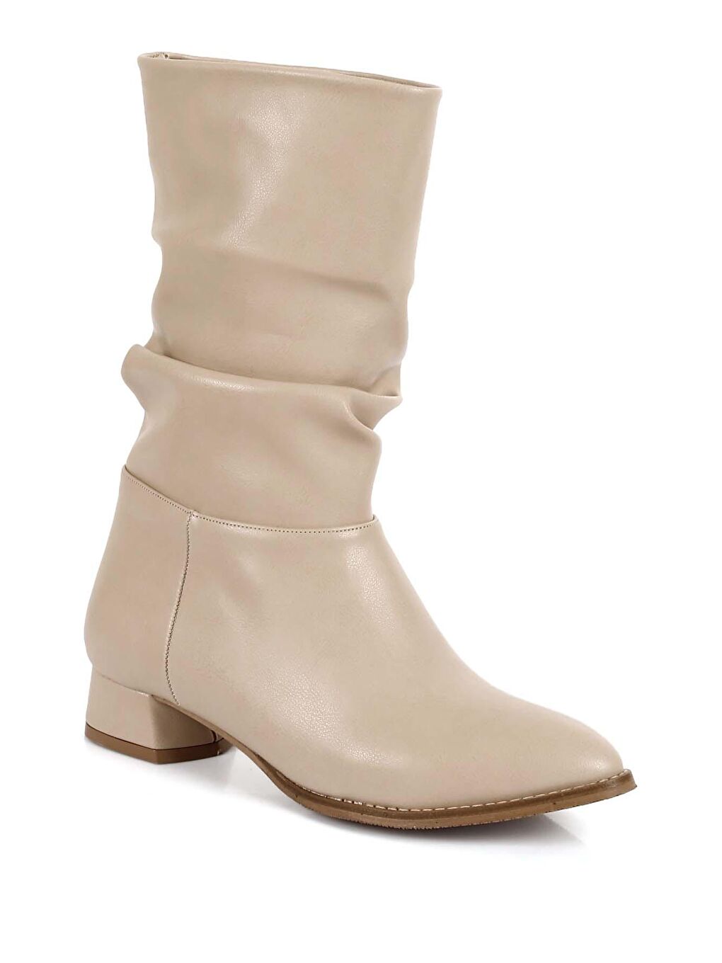 Bej Sivri Burun Kalın Topuklu Körüklü Kadın Günlük Kısa Çizme 37050-4