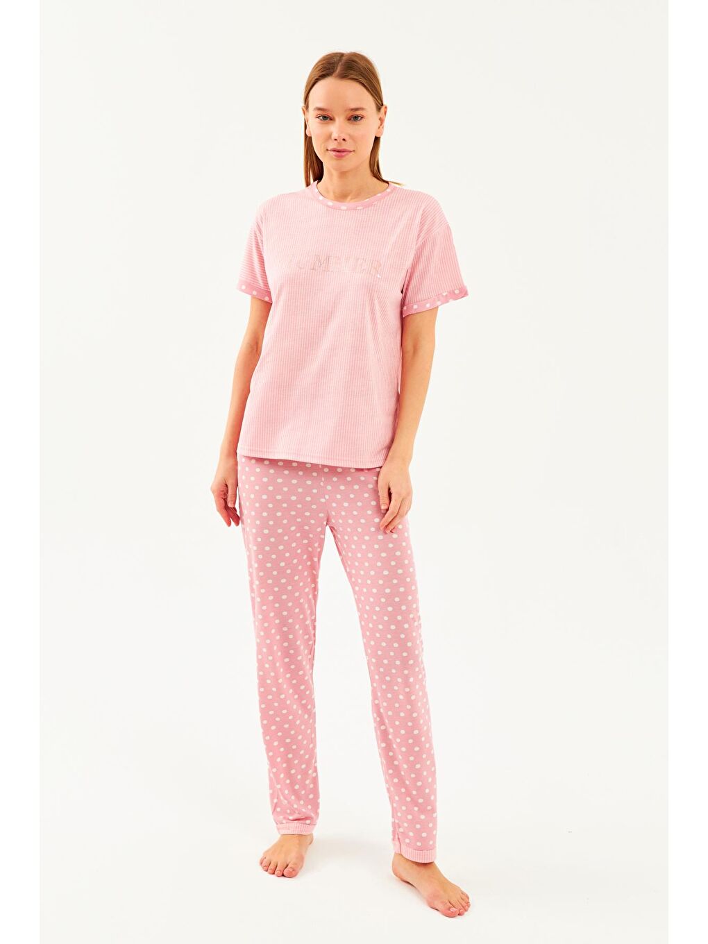 Pembe Kadın Pudra Dokulu Bisiklet Yaka Puanlı Manşetli Pantolon 2Li Pijama Takım