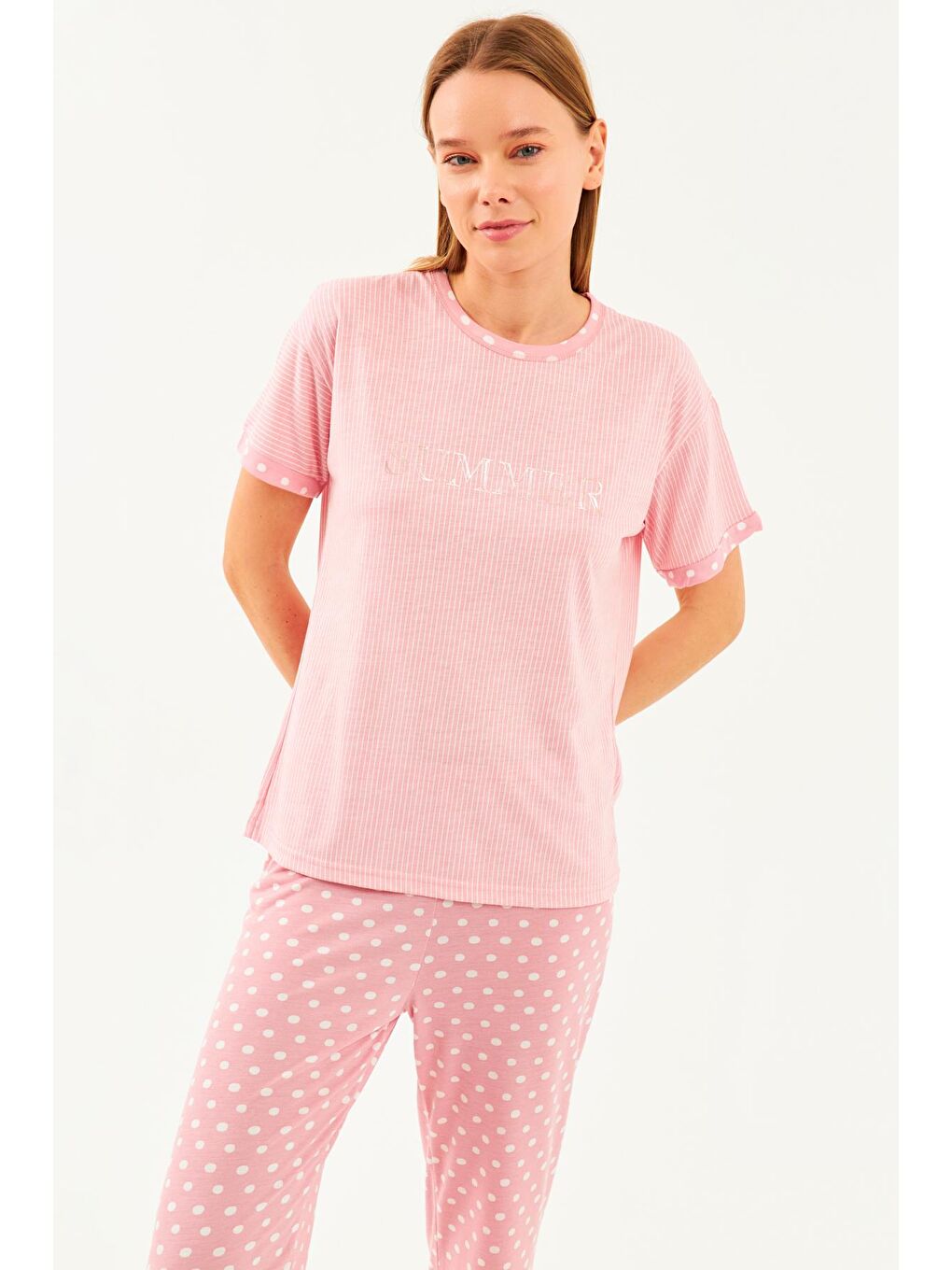 Pembe Kadın Pudra Dokulu Bisiklet Yaka Puanlı Manşetli Pantolon 2Li Pijama Takım-1