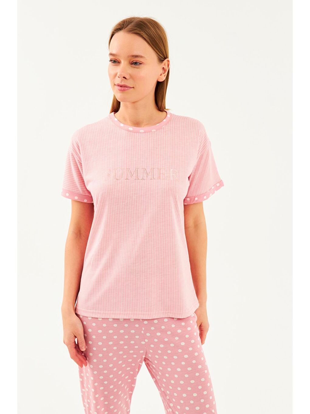 Pembe Kadın Pudra Dokulu Bisiklet Yaka Puanlı Manşetli Pantolon 2Li Pijama Takım-2