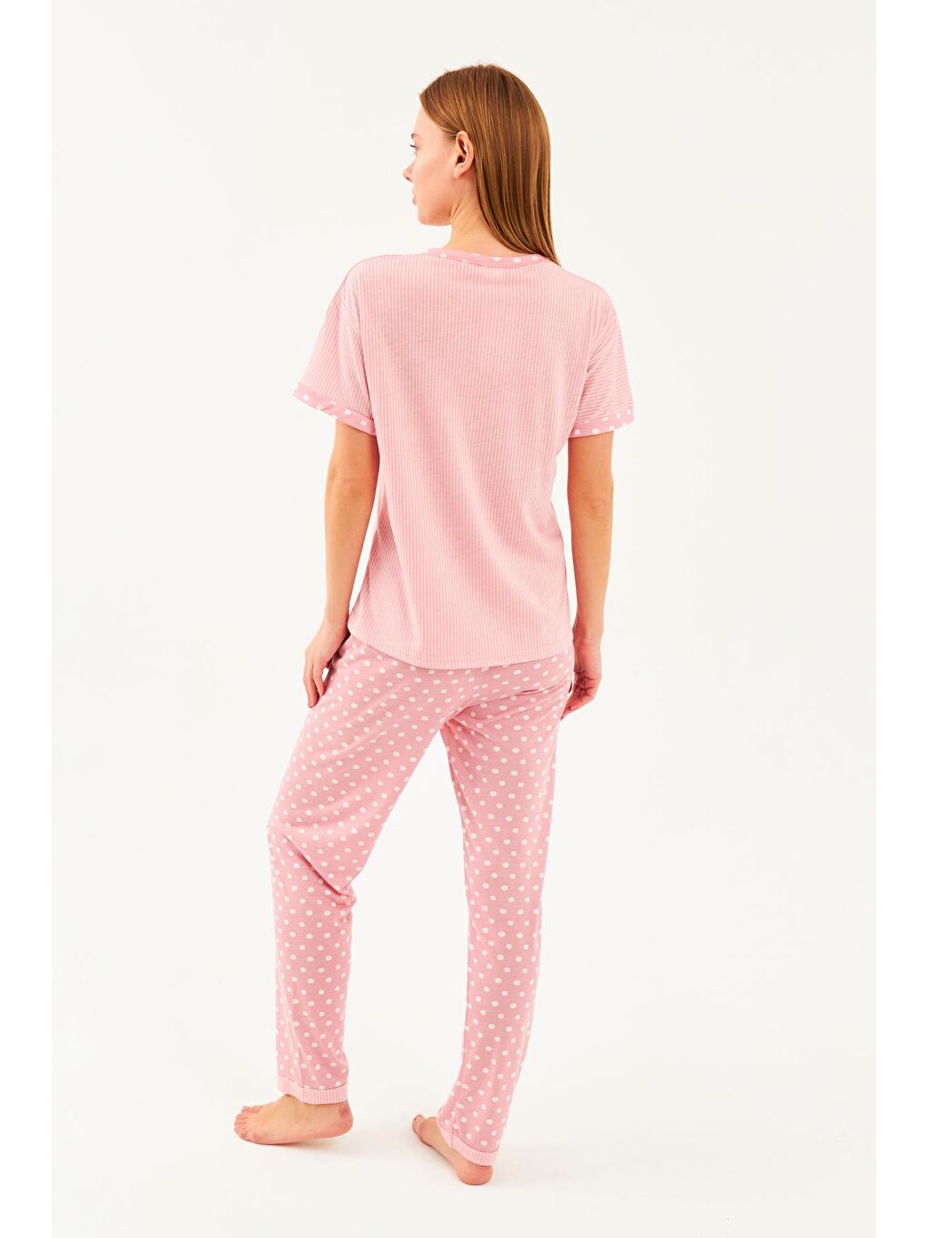 Pembe Kadın Pudra Dokulu Bisiklet Yaka Puanlı Manşetli Pantolon 2Li Pijama Takım-3