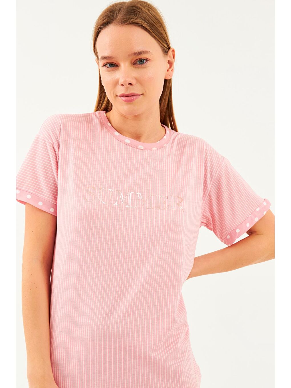 Pembe Kadın Pudra Dokulu Bisiklet Yaka Puanlı Manşetli Pantolon 2Li Pijama Takım-4