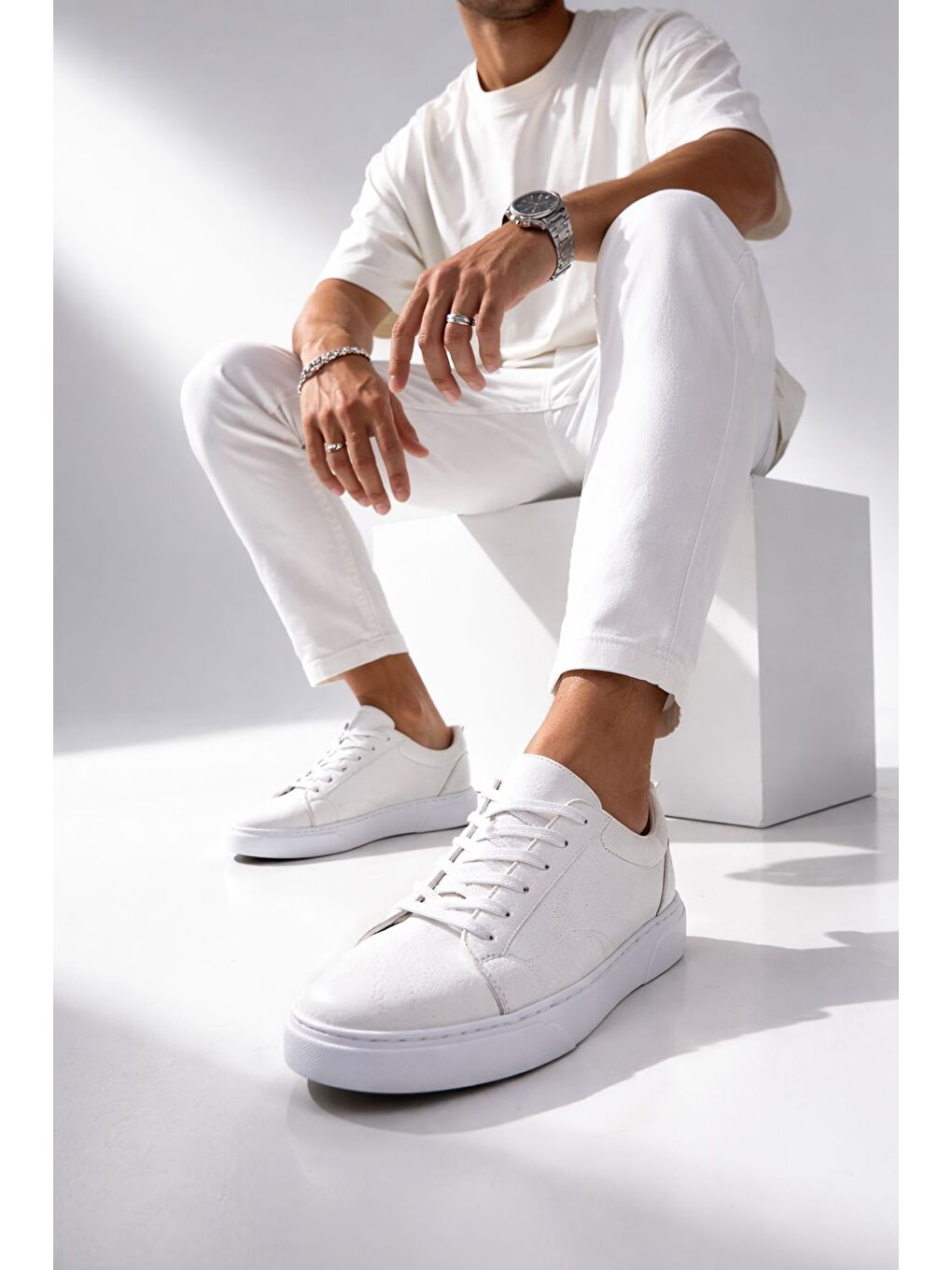 Beyaz LEONS Hakiki Deri Erkek Kalın Taban Bağcıklı Günlük Casual Sneaker-6