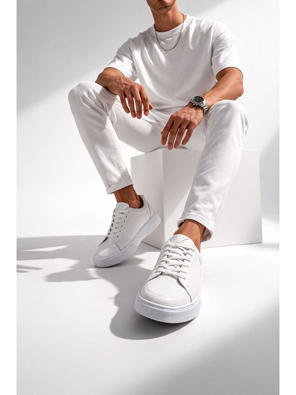 Beyaz LEONS Hakiki Deri Erkek Kalın Taban Bağcıklı Günlük Casual Sneaker-9