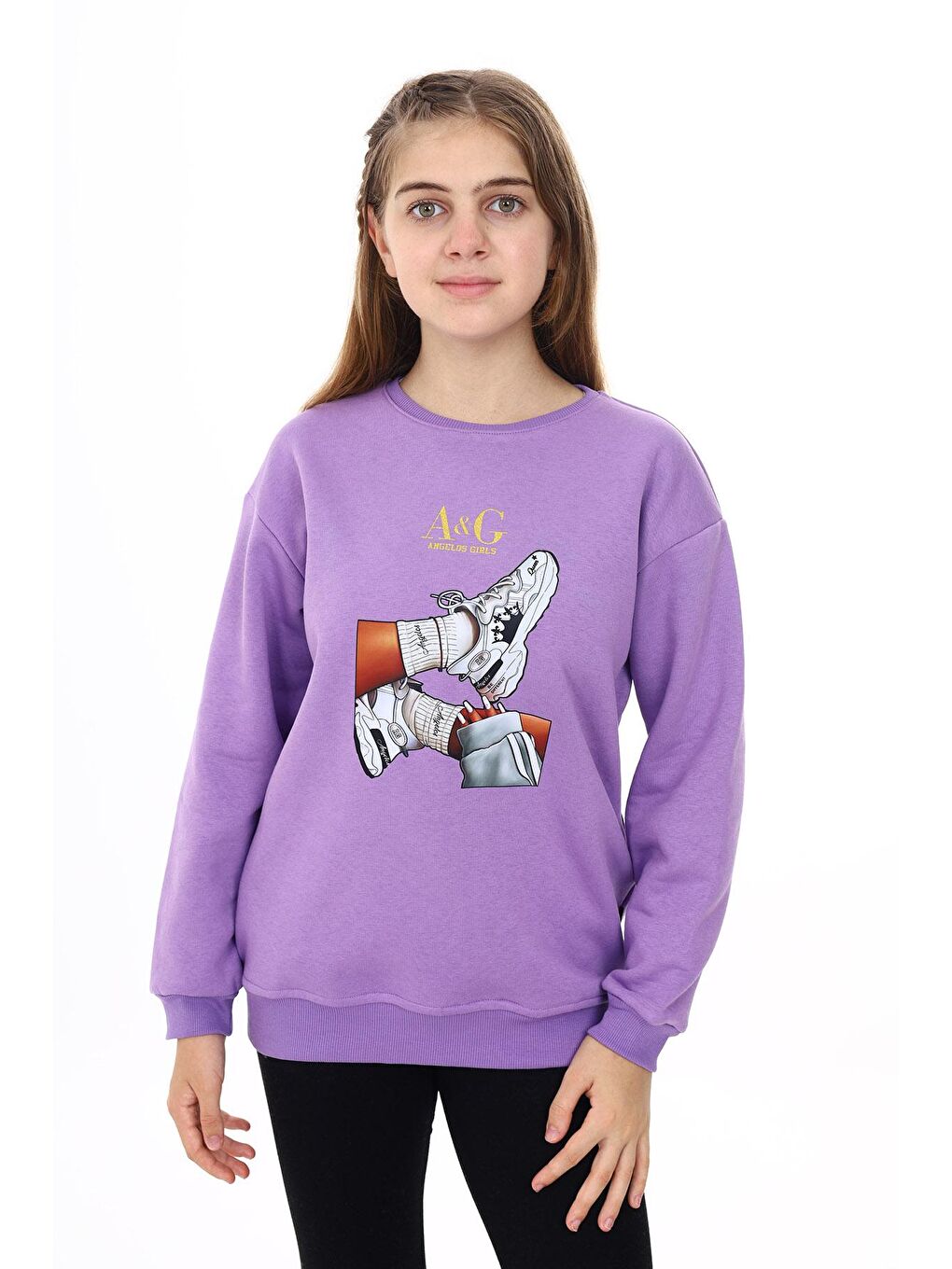 Mor Kız Çocuk Baskılı 3 İplik Sweatshirt 7-13 Yaş Lx287