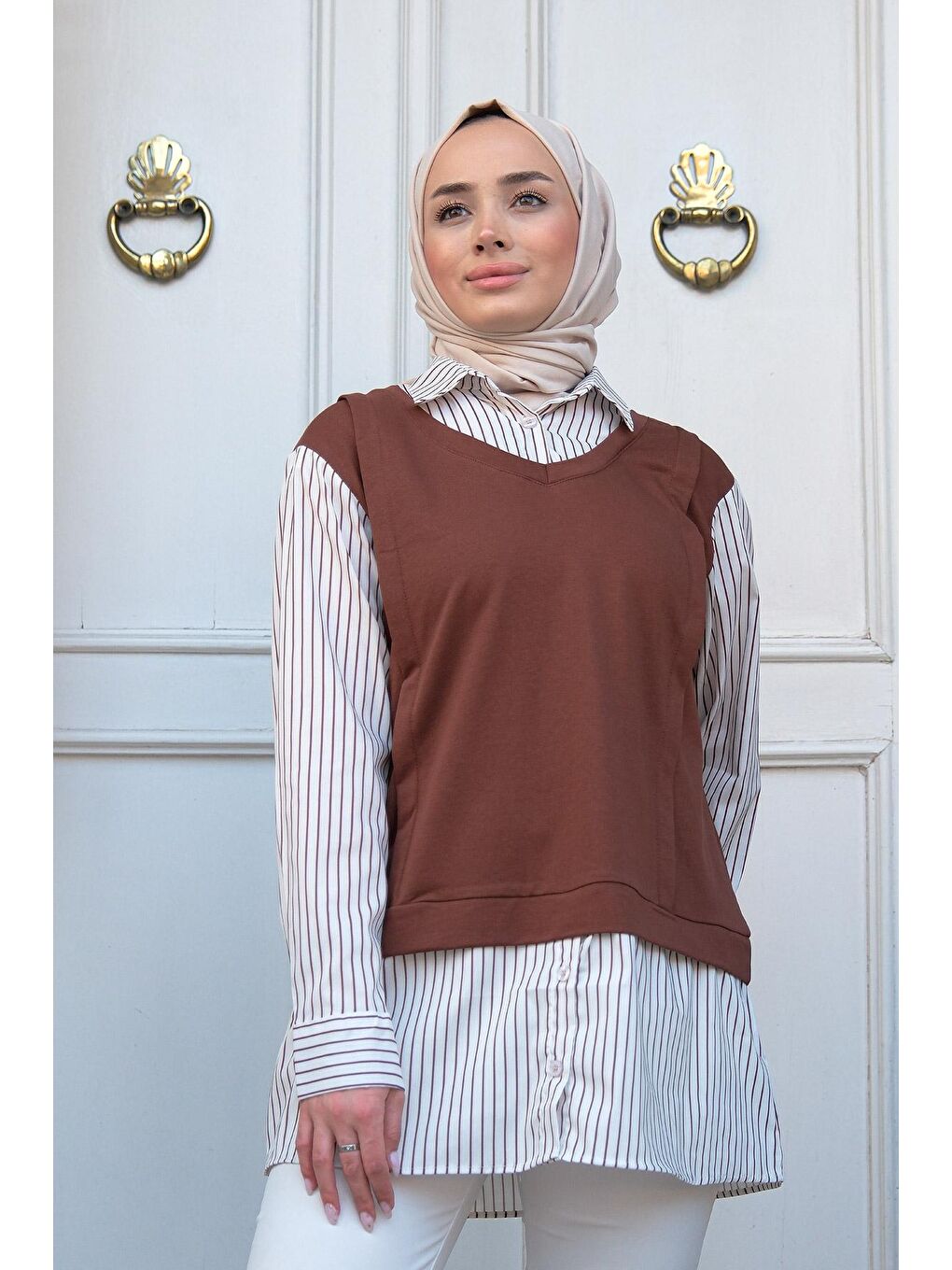 Çizgili Gömlek Detaylı Tunik Kahverengi-1