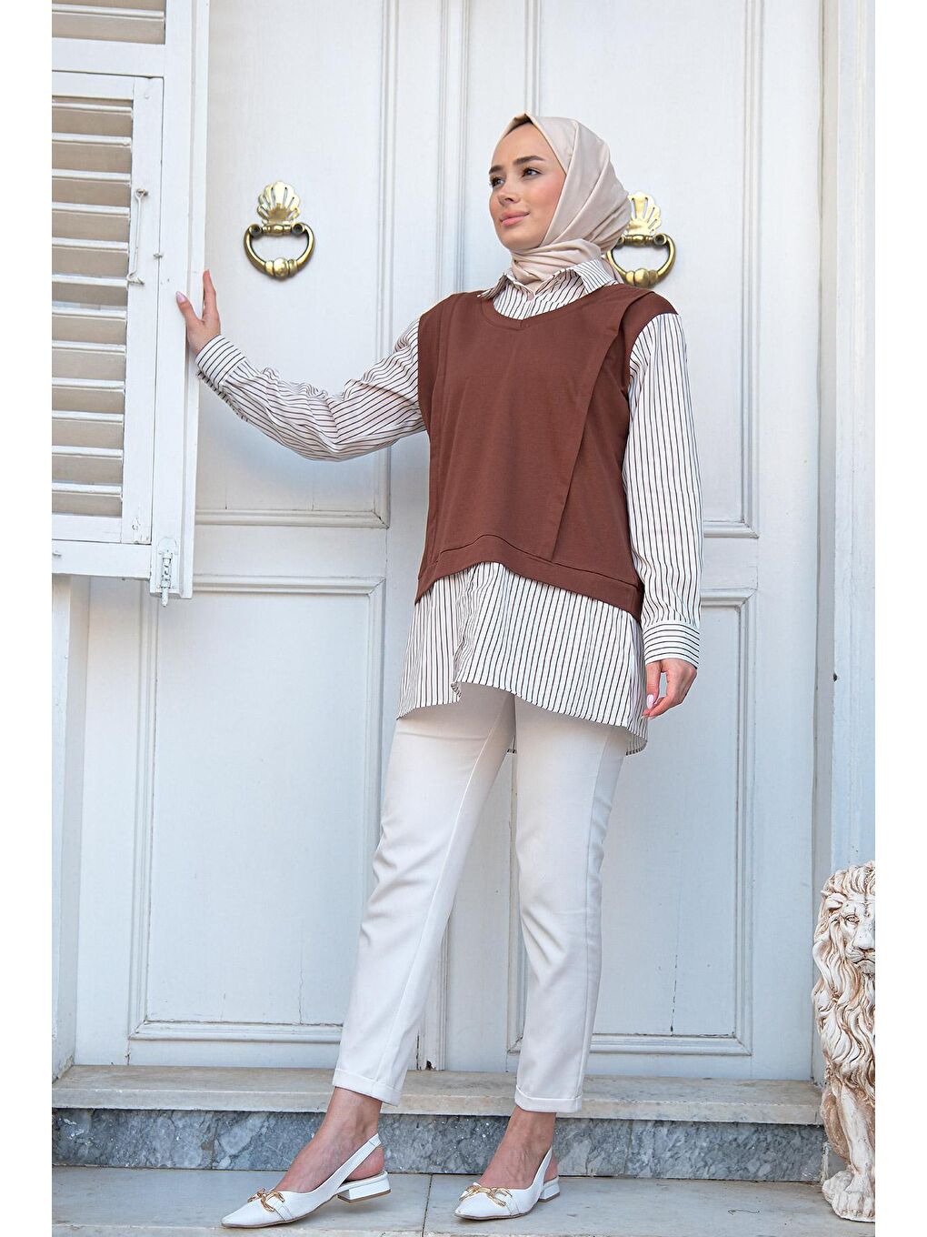 Çizgili Gömlek Detaylı Tunik Kahverengi-2