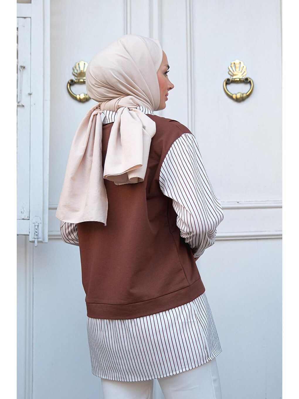 Çizgili Gömlek Detaylı Tunik Kahverengi-3