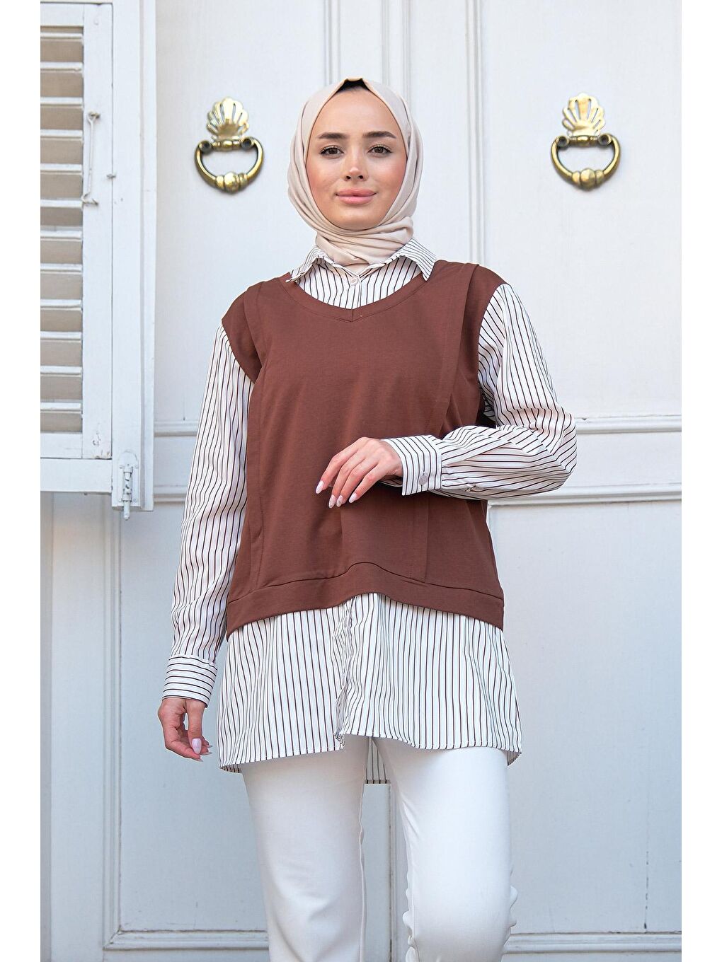 Çizgili Gömlek Detaylı Tunik Kahverengi-4