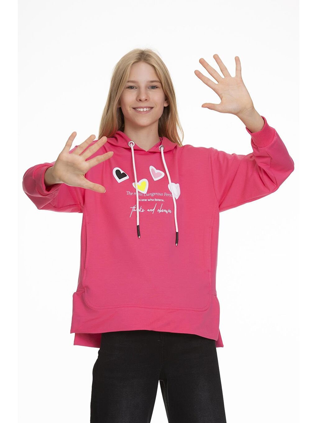 Pembe Kız Çocuk Kalp Baskılı Hoodie 9-14 Yaş Lx161