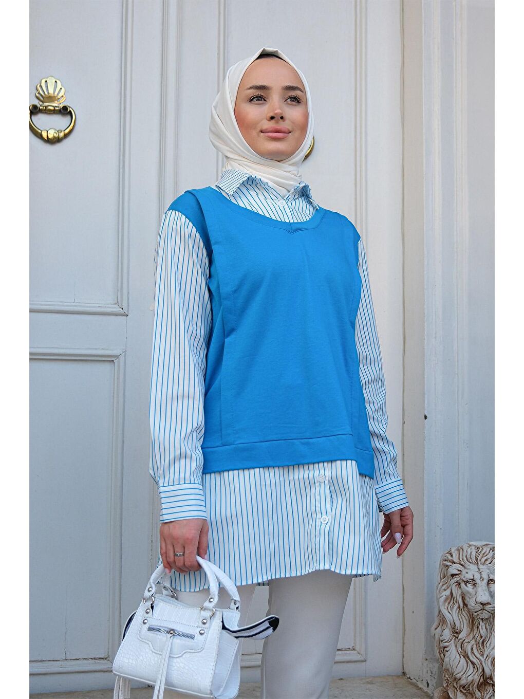 Çizgili Gömlek Detaylı Tunik Mavi-1