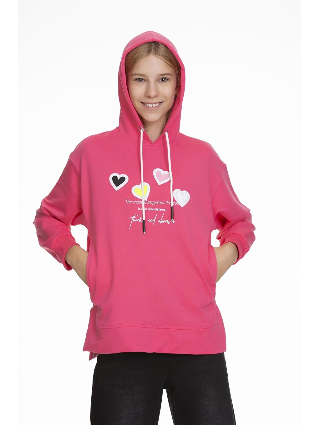 Pembe Kız Çocuk Kalp Baskılı Hoodie 9-14 Yaş Lx161-1