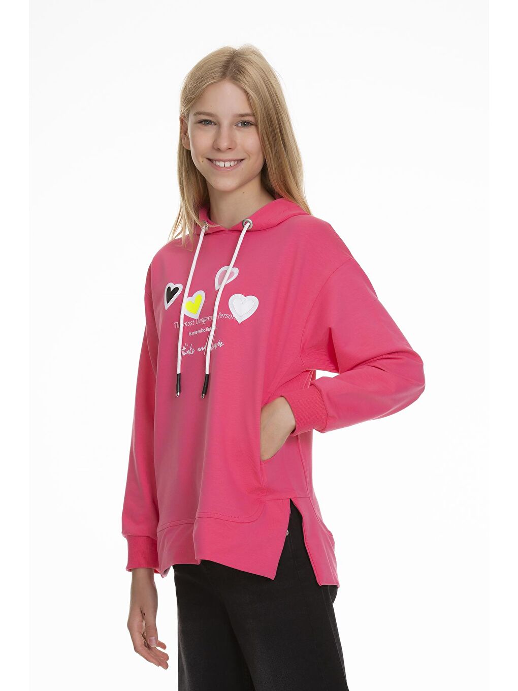 Pembe Kız Çocuk Kalp Baskılı Hoodie 9-14 Yaş Lx161-2