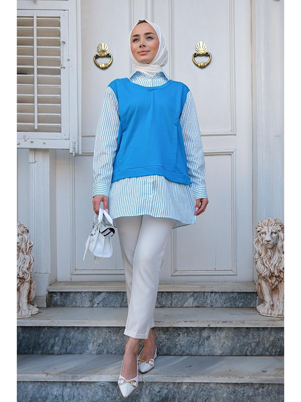 Çizgili Gömlek Detaylı Tunik Mavi-2