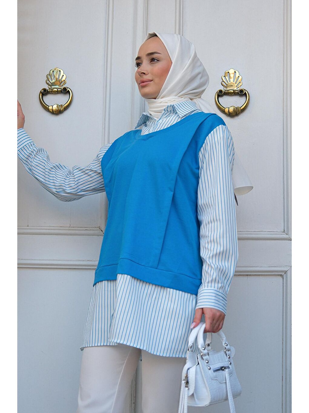 Çizgili Gömlek Detaylı Tunik Mavi-3