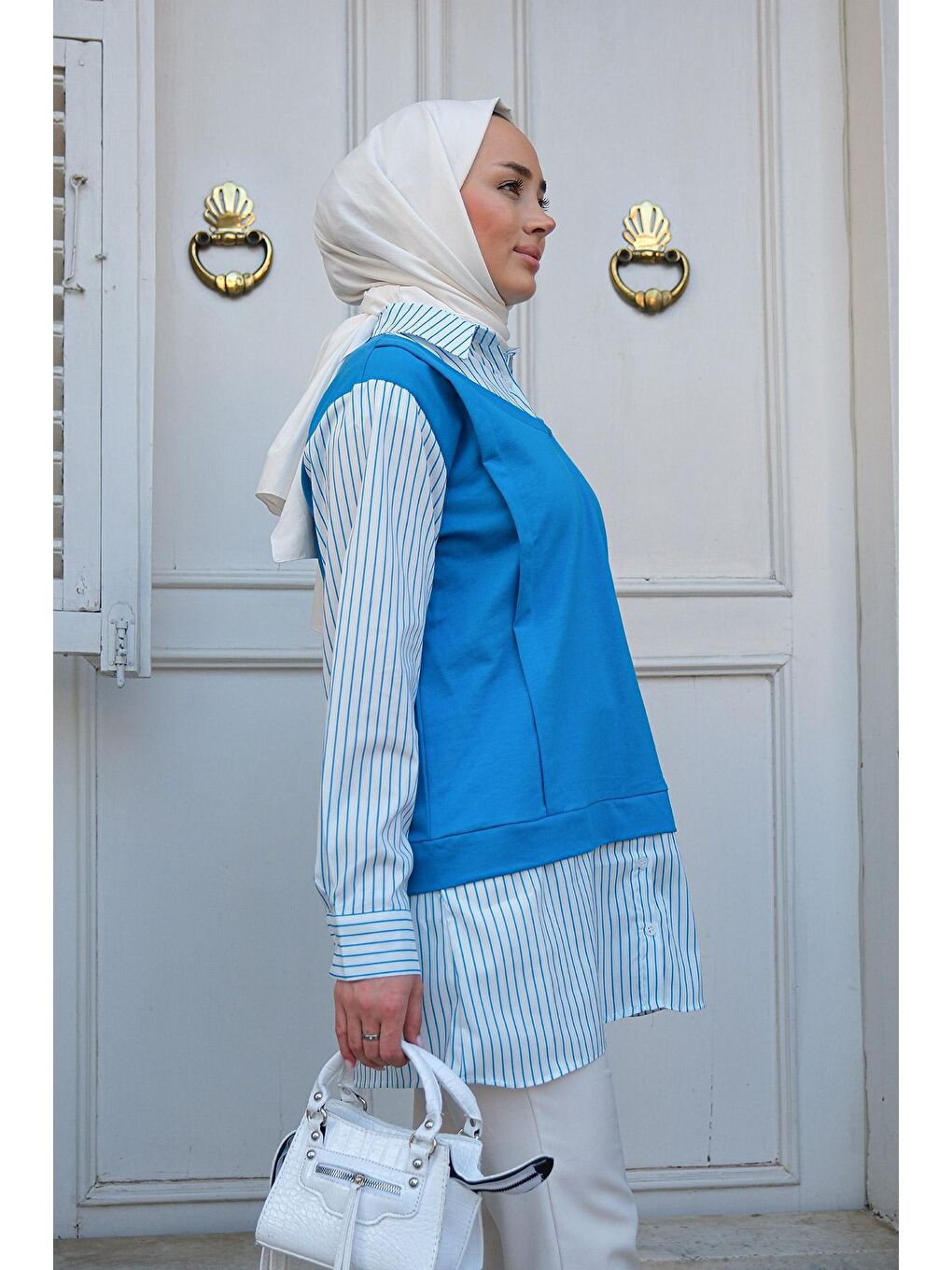 Çizgili Gömlek Detaylı Tunik Mavi-4