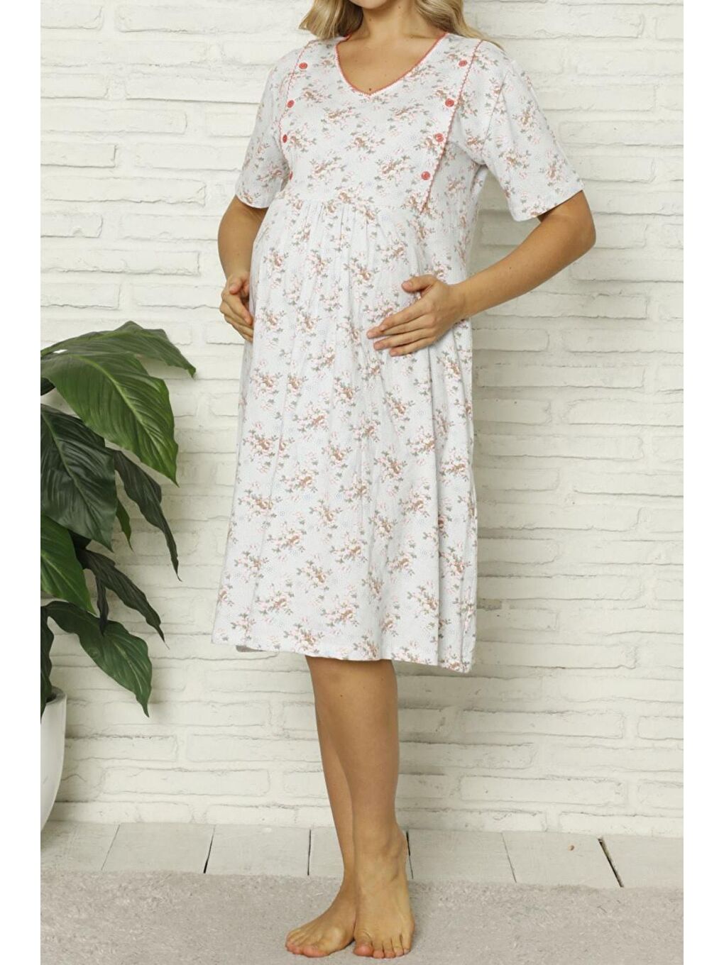 Mercan Hamile Gecelik Kısa Kollu Elastanlı