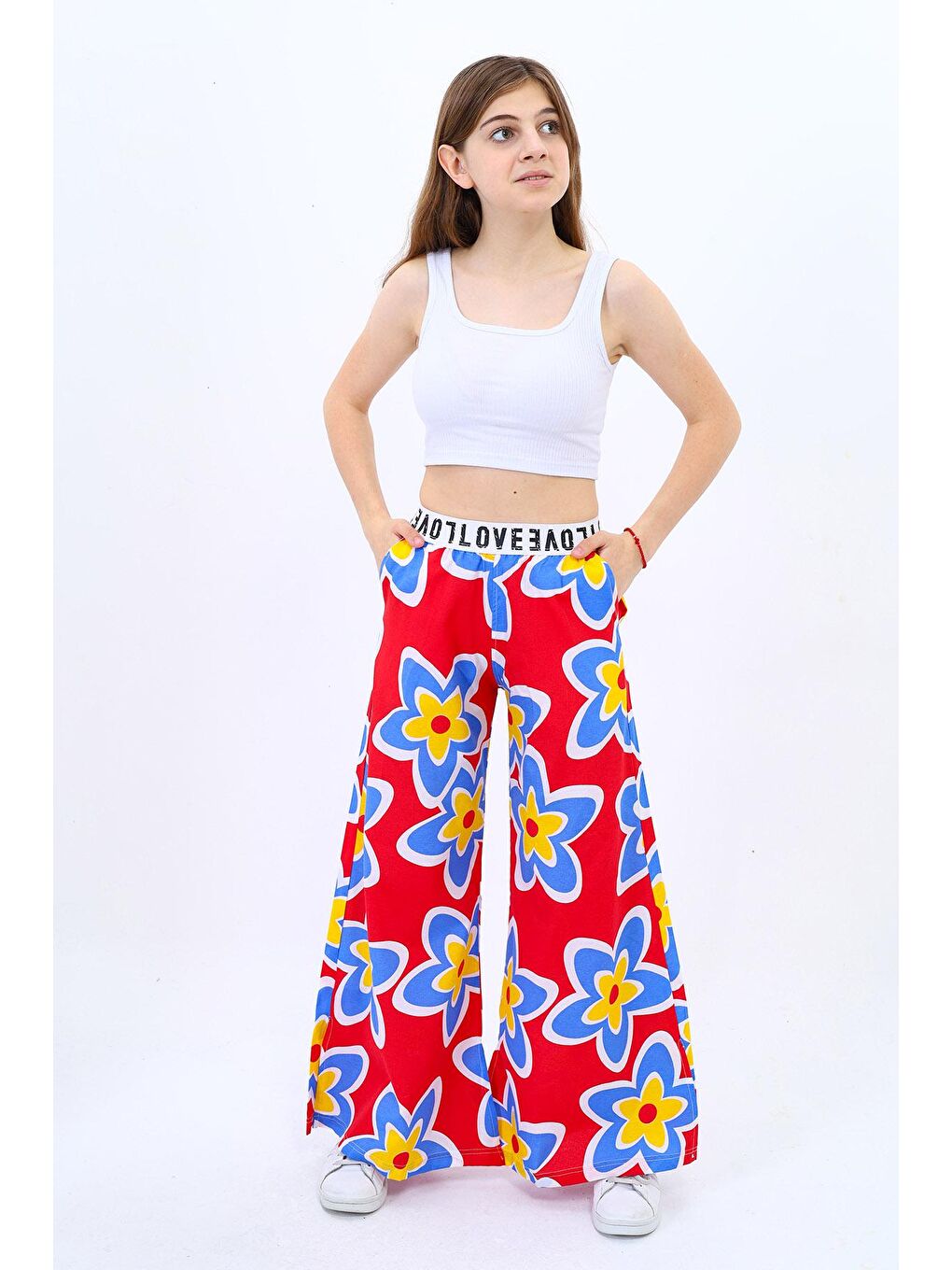Kırmızı Kız Çocuk Geniş Paçalı Yazlık Alt 9-14 Yaş Lx234-1