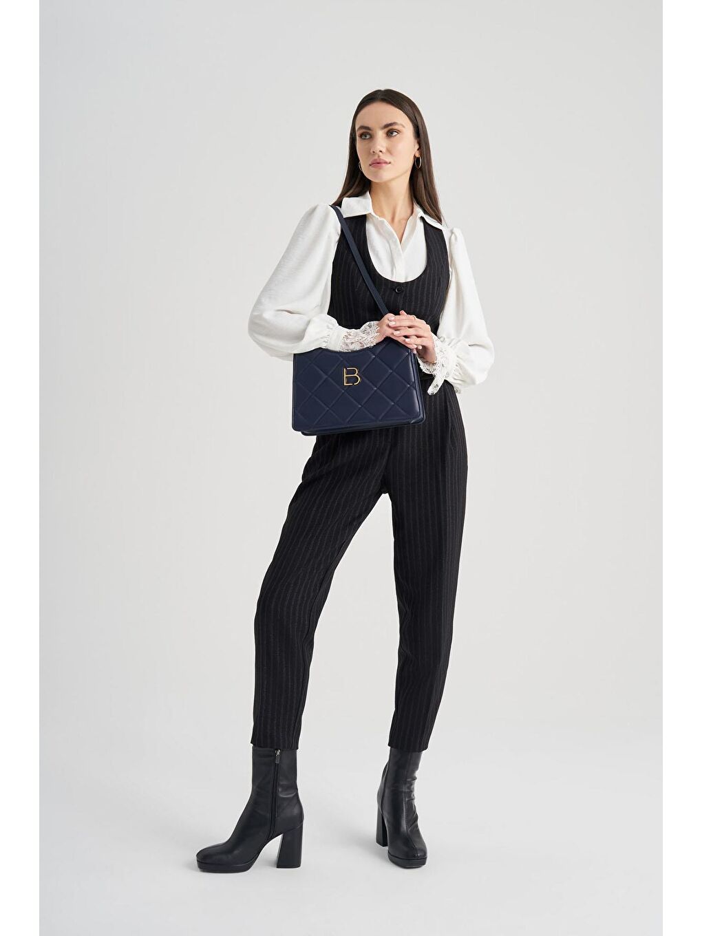 Lacivert Kadın Zincir Detaylı Omuz Çantası-8