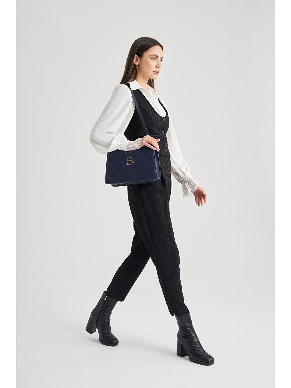 Lacivert Kadın Zincir Detaylı Omuz Çantası-9