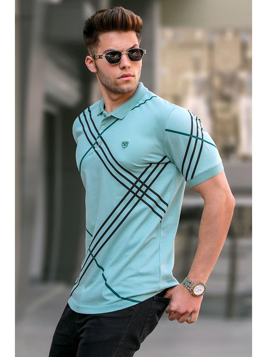 Mint Yeşili Desenli Polo Yaka Tişört 5870