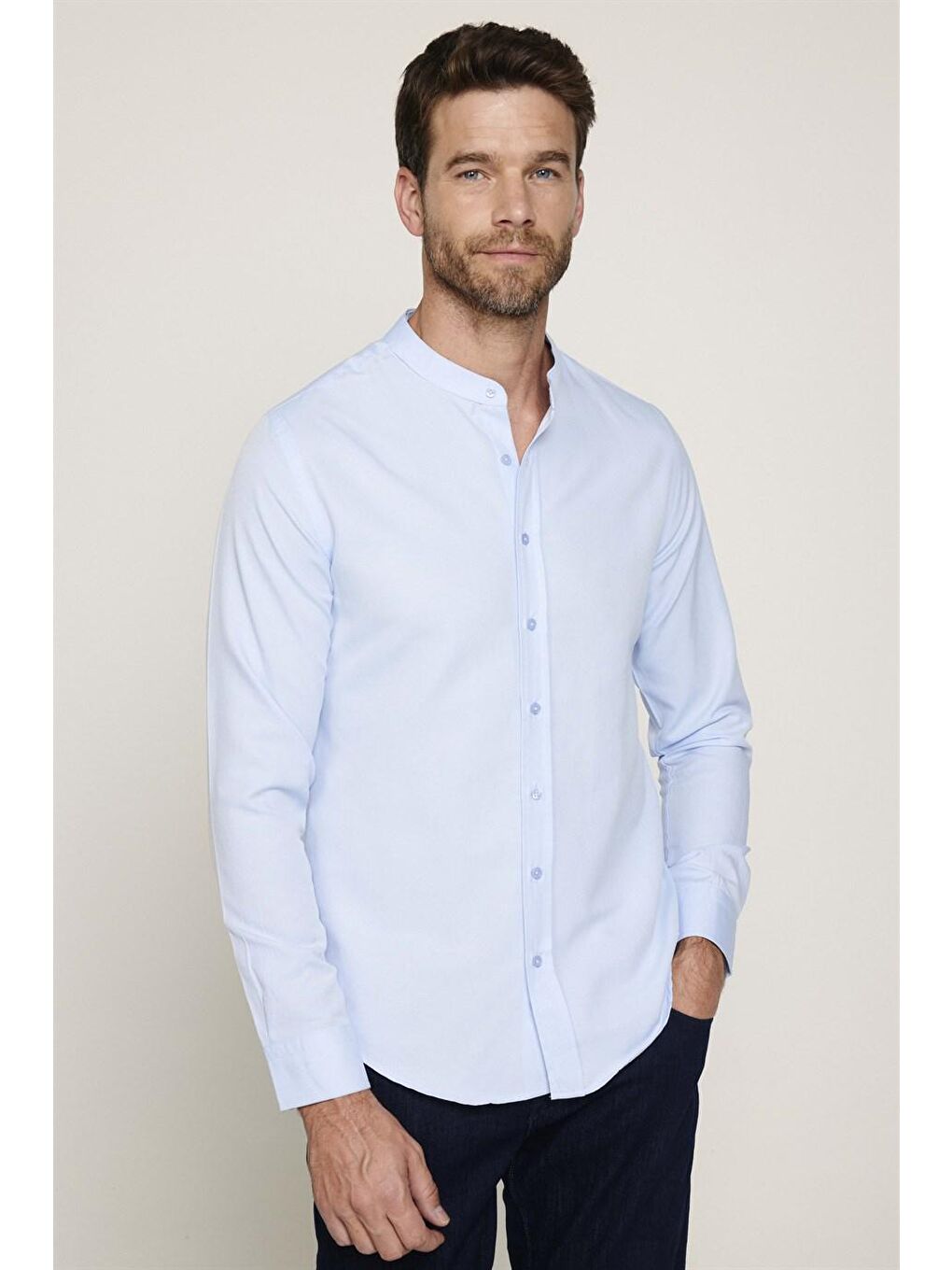 Slim Fit Hakim Yaka Pamuklu Kolay Ütü Erkek Mavi Gömlek