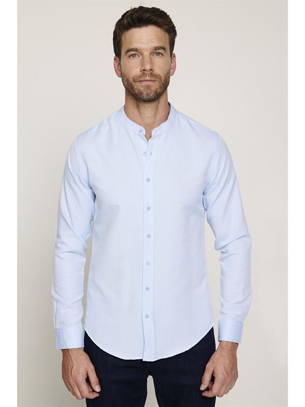 Slim Fit Hakim Yaka Pamuklu Kolay Ütü Erkek Mavi Gömlek-1