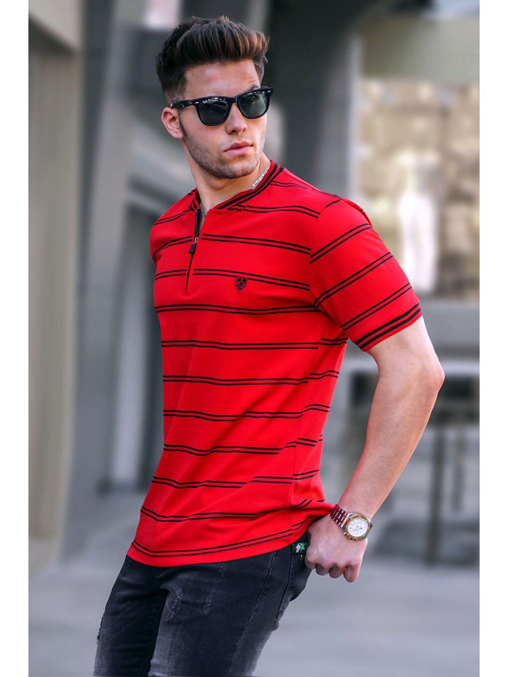 Kırmızı Çizgili Polo Yaka Erkek Tişört 5874
