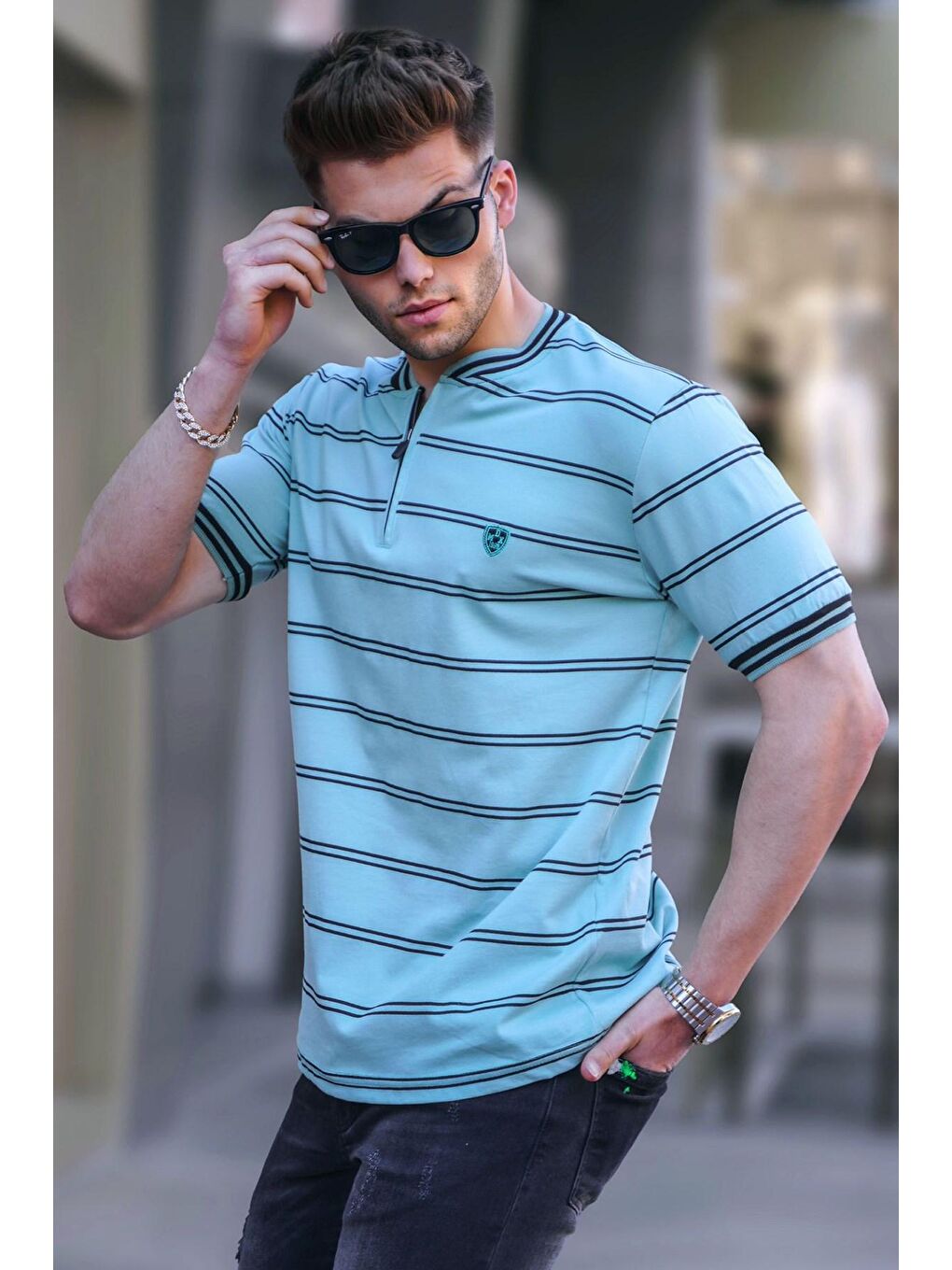 Mint Yeşili Çizgili Polo Yaka Erkek Tişört 5874