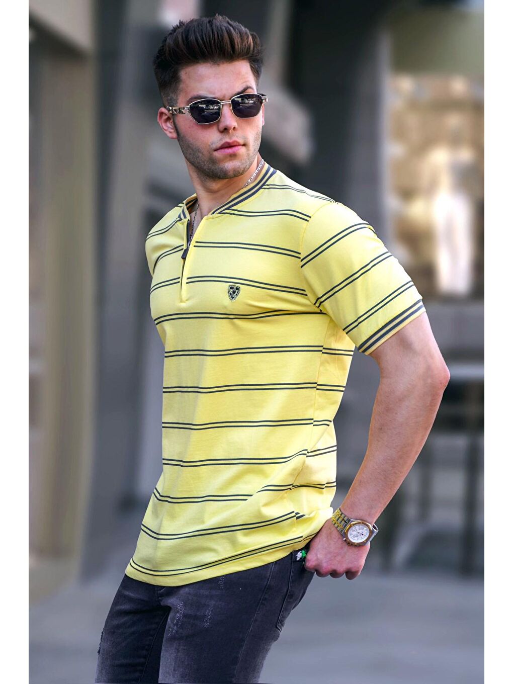 Sarı Çizgili Polo Yaka Erkek Tişört 5874
