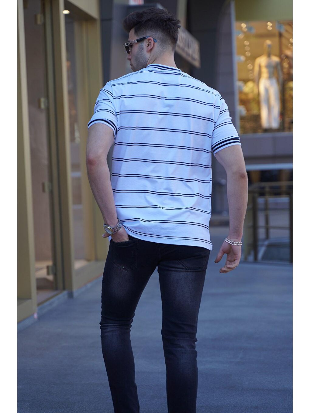 Beyaz Çizgili Polo Yaka Erkek Tişört 5874-1